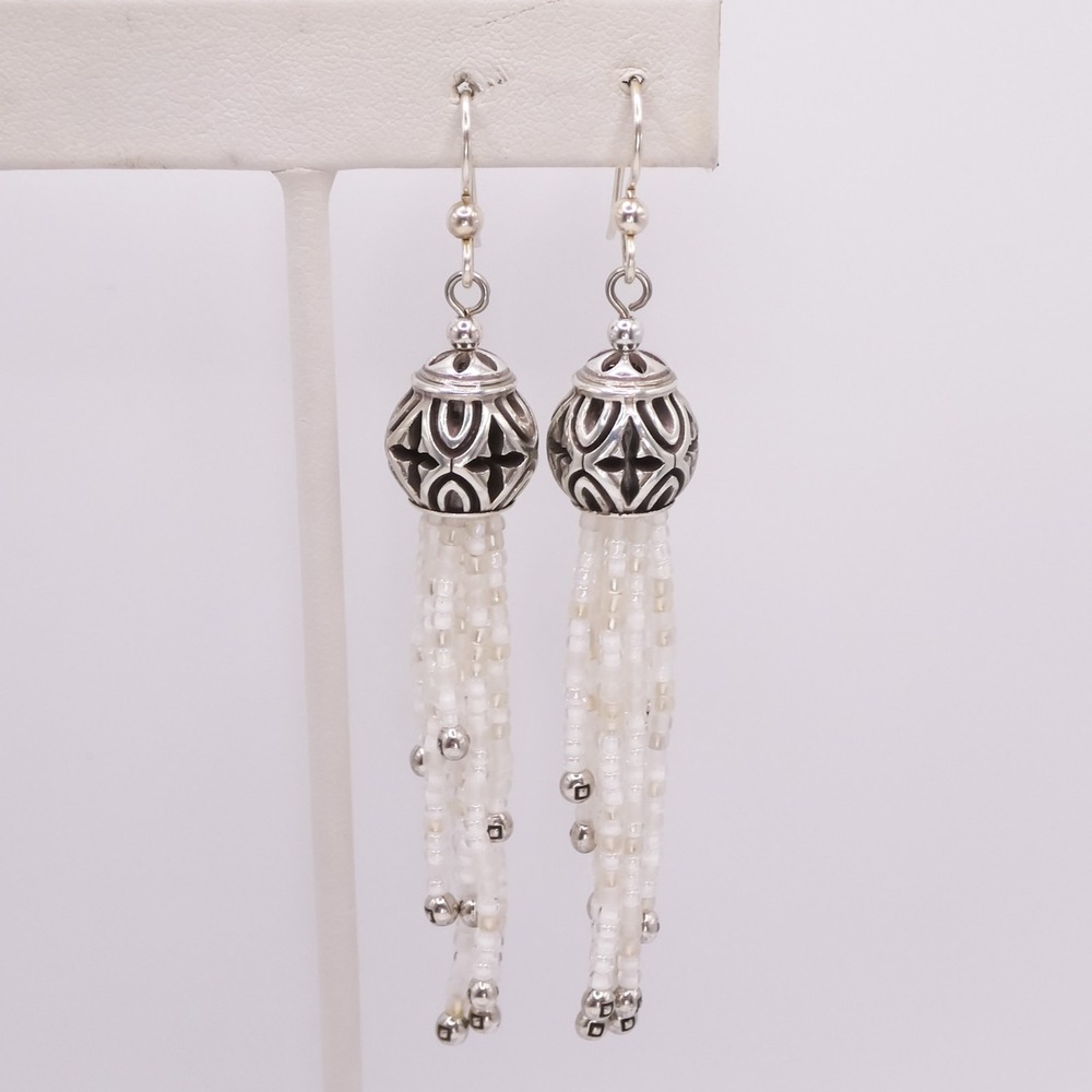 Brighton Boho Roots White Beaded Tassle 3.3" Womens French Wire Pierced Earrings